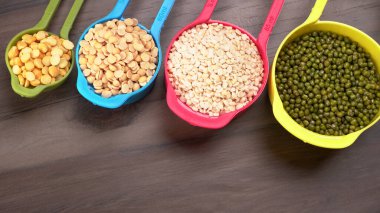 View of set legumes, peas, lentils, and mung beans