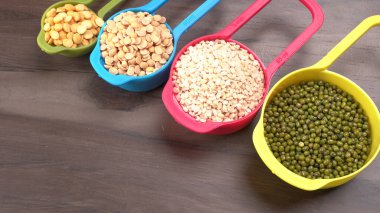 View of set legumes, peas, lentils, and mung beans