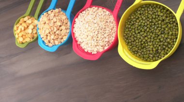 View of set legumes, peas, lentils, and mung beans