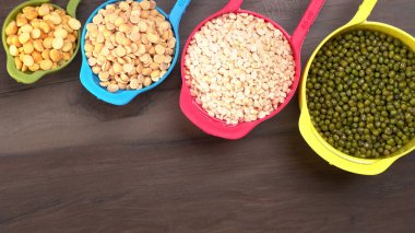 View of set legumes, peas, lentils, and mung beans