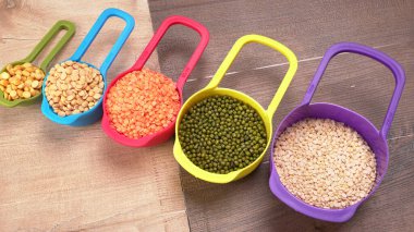 View of set legumes, peas, lentils, and mung beans