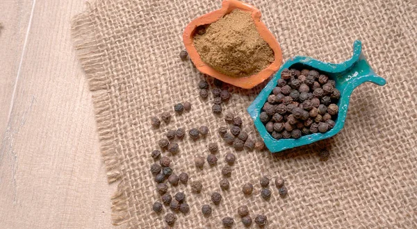 View Spices Color Bowls White Background Sackcloth Allspice — Stock Photo, Image