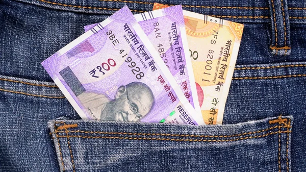 Closeup View Jeans Indian Money — Stock Photo, Image