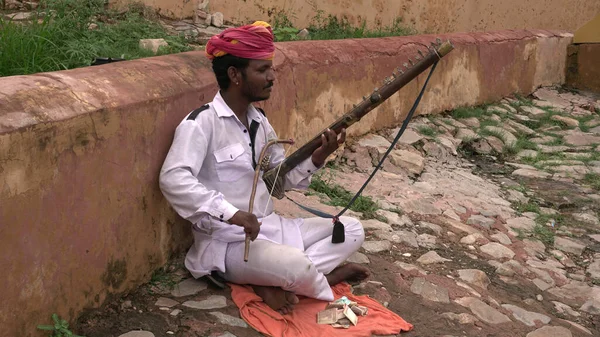 Jaipur Índia Agosto 2019 Músico Rua Rajasthani Seu Vestido Tradicional — Fotografia de Stock