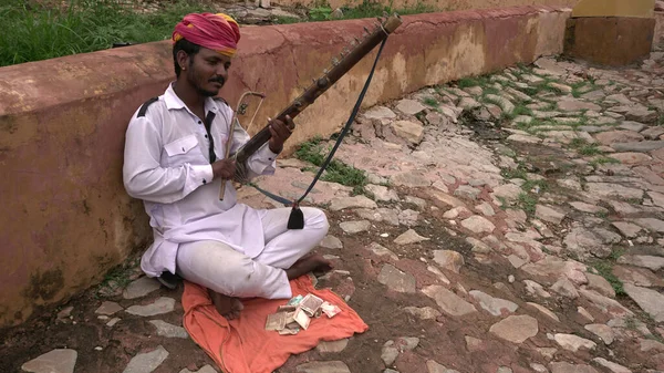 Jaipur Índia Agosto 2019 Músico Rua Rajasthani Seu Vestido Tradicional — Fotografia de Stock