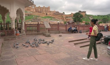 JAIPUR, INDIA 11 AUGust 2019: Kimliği belirsiz turist kadınları Amber Fort 'ta güvercin besliyor. Burası Hindistan ve UNESCO' nun Dünya Mirasları Alanının en önemli turistik yerlerinden biri..