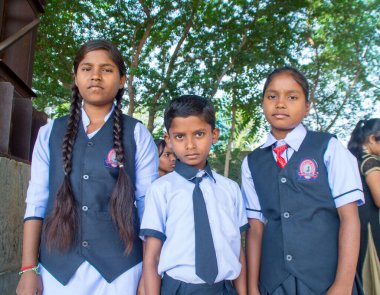 AMRAVATI, MAHARASHTRA, INDIA - 15 AĞUSTOS 2017: Bir grup mutlu Hintli kırsal öğrenci okul zemininde kameraya bakıyorlar.