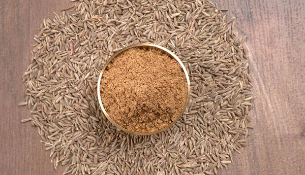 Ground Cumin Bowl Whole Cumin Jeera Wooden Background Selective Focus — Stock Photo, Image