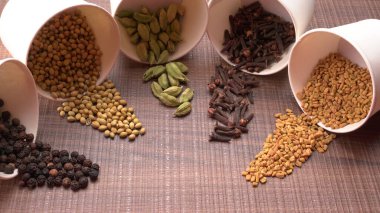 Indian Spices and herbs on wooden background. Food and cuisine ingredients.