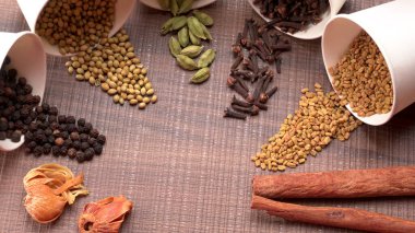 Indian Spices and herbs on wooden background. Food and cuisine ingredients.