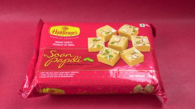 Soan papdi indian food on red background