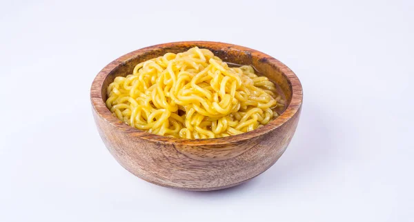 Noodles Wooden Bowl White Background — Stock Photo, Image