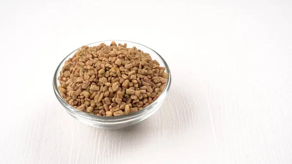 Glass Bowl Organic Fenugreek Seeds Wooden Background Ingredient Indian Cuisine — Stock Photo, Image