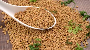 Beyaz seramik kaşık organik çemen otu tohumları Hint mutfağı malzemelerine yakın çekim