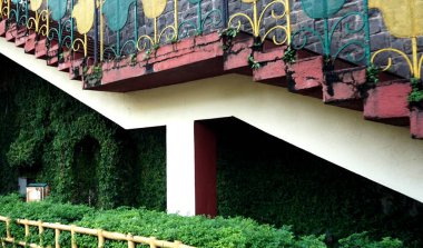 Yeşil bitkilerle kaplı taş duvarlı merdivenler.