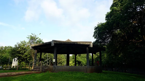 Ruang Kayu Dikelilingi Oleh Pohon Hijau Dan Tanaman Taman Kota — Stok Foto