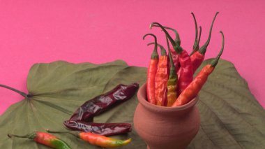 Uzun taze Hint yeşili ve kırmızı biberleri. Sıcak ve baharatlı yemekler için organik Hint baharatları..