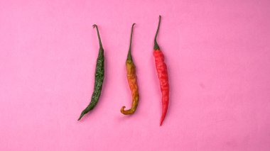 Uzun taze Hint yeşili ve kırmızı biberleri. Sıcak ve baharatlı yemekler için organik Hint baharatları..