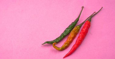 Uzun taze Hint yeşili ve kırmızı biberleri. Sıcak ve baharatlı yemekler için organik Hint baharatları..