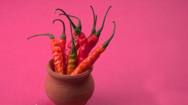 Uzun taze Hint yeşili ve kırmızı biberleri. Sıcak ve baharatlı yemekler için organik Hint baharatları..