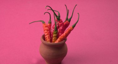 Uzun taze Hint yeşili ve kırmızı biberleri. Sıcak ve baharatlı yemekler için organik Hint baharatları..