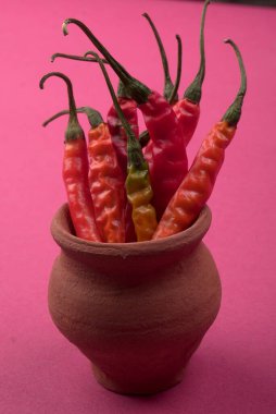 Uzun taze Hint yeşili ve kırmızı biberleri. Sıcak ve baharatlı yemekler için organik Hint baharatları..