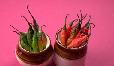 Uzun taze Hint yeşili ve kırmızı biberleri. Sıcak ve baharatlı yemekler için organik Hint baharatları..