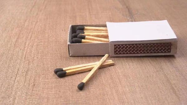 Wooden Matches Wooden Table Background Closeup Shot — Stock Photo, Image