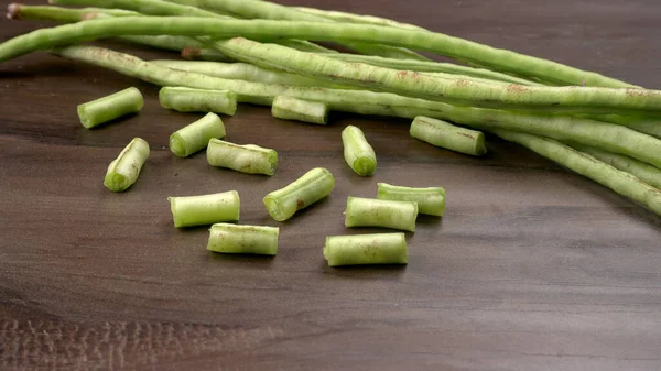 Frijoles Verdes Frescos Orgánicos Franceses Sobre Fondo Madera Concepto Comida —  Fotos de Stock