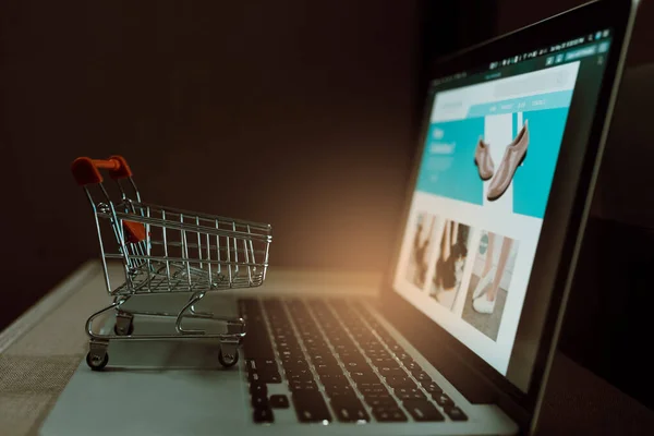 Dizüstü bilgisayarda alışveriş arabası var. İnternetten alışveriş veya e-ticaret fikirleri.