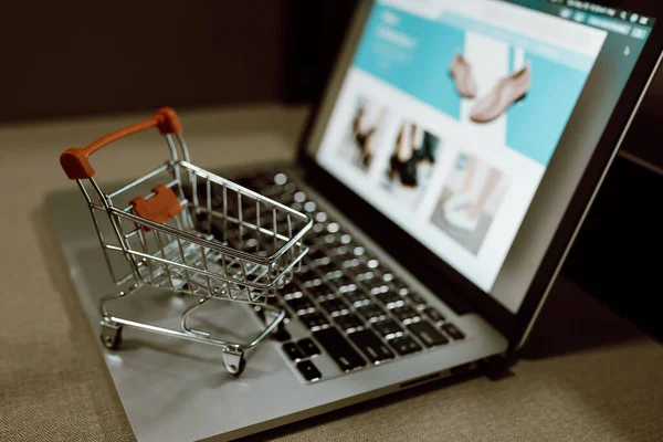 Dizüstü bilgisayarda alışveriş arabası var. İnternetten alışveriş veya e-ticaret fikirleri.