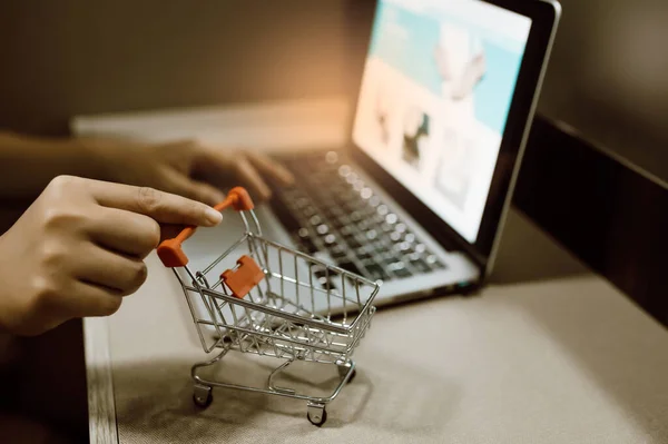 Alışveriş için el arabası ve dizüstü bilgisayarı olan bir kadın. İnternetten alışveriş veya e-ticaret fikirleri.