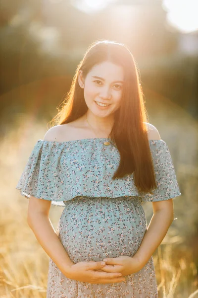 Asiatique Jeune Femme Enceinte Robe Bleue Détendre Profiter Vie Dans — Photo