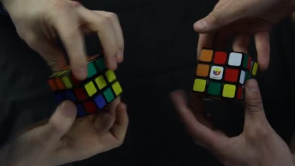Men solving rubiks cubes — Stock Video