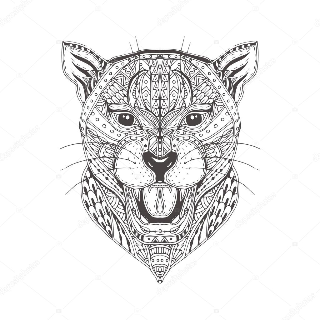 Hand Drawn Panther With Ethnic Floral Doodle Pattern Coloring Page