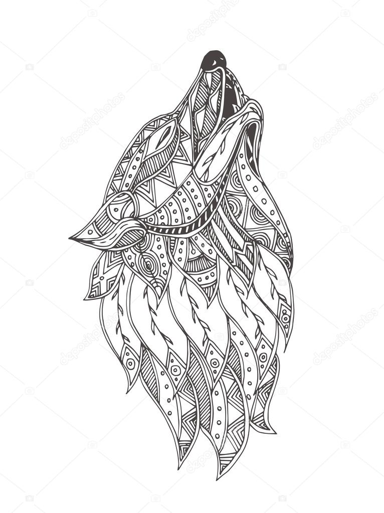 ✅ handdrawn wolf with ethnic floral doodle pattern