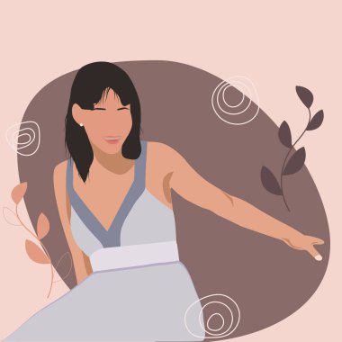 Kız, bitkilerle soyut bir arka planda tasvir edilmiş, boho tarzı. Vektör illüstrasyonu, moda.