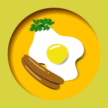 Sosisli ve maydanozlu kağıt yumurta, kahvaltı, renkli tebrik kartı.