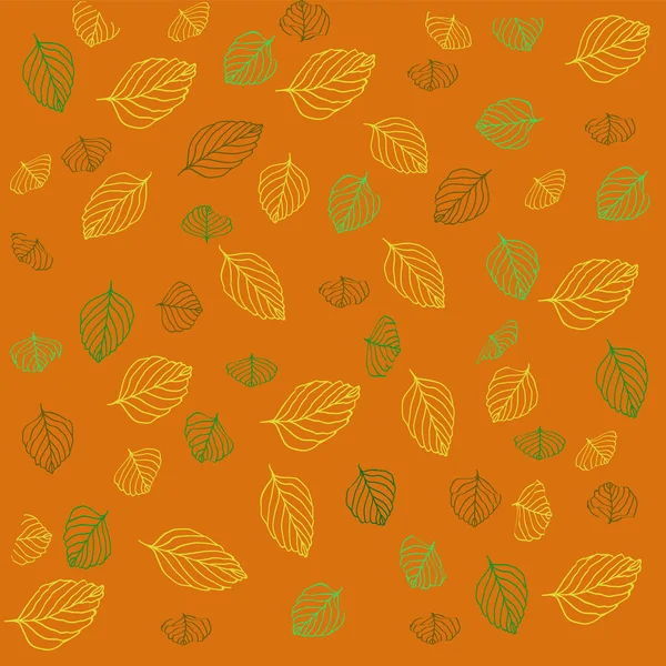 Colored leaves yellow green on a orange background — Stock Vector