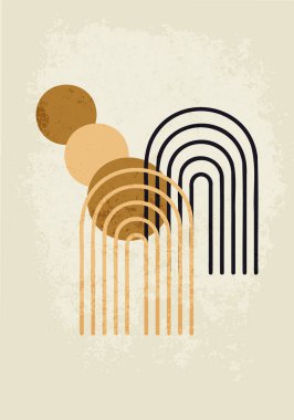 Kahverengi tonlarda, geometrik şekillerden yapılmış grunge desenli soyut bir poster. İç tasarım ve kartpostal tasarımında kullanılabilir. kapaklar.