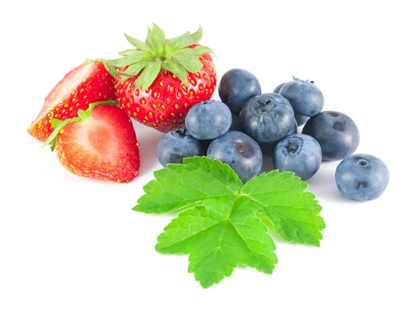 Yaban mersini ve çilek beyaz arka plan üzerinde yaprakları ile