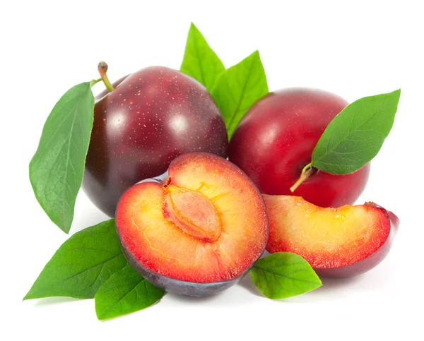 Yapraklarla beyaz zemin üzerine kırmızı Erik