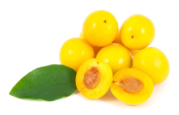 Sarı kiraz Erik yaprak beyaz arka plan üzerinde izole demet