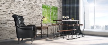 Modern parlak iç. 3D render