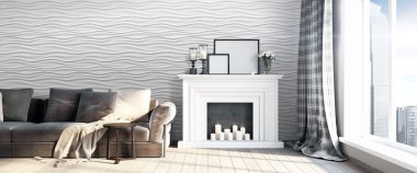 Modern parlak iç. 3D render