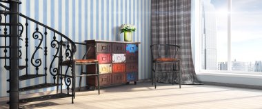 Modern parlak iç. 3D render