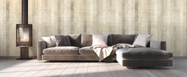 Modern parlak iç. 3D render