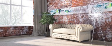 Modern parlak iç. 3D render