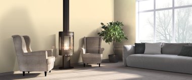 Modern parlak iç. 3D render