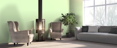 Modern parlak iç. 3D render